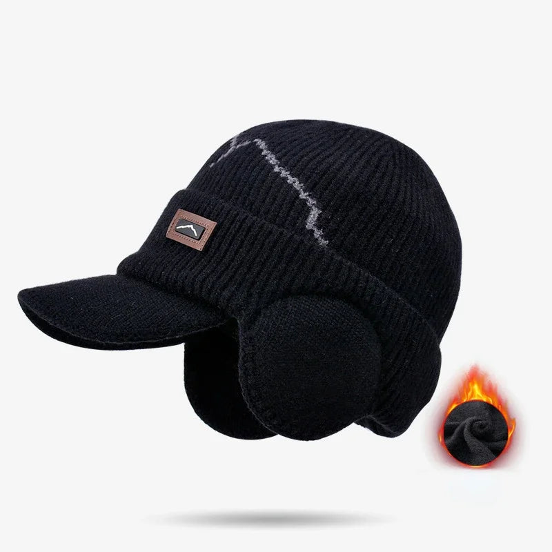 Men's Skullies Beanies with Visor for Warmth Winter Knit Earmuffs Thick Wool Lined Skull Ski Baseball Cap Winter Outdoor Riding