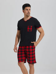 Mens Pajama Sets Short Sleeve Plaid Pajamas for Men Pjs Set Soft Lounge Sleepwear Pj Pants with Pockets Drawstring Shorts Shirts