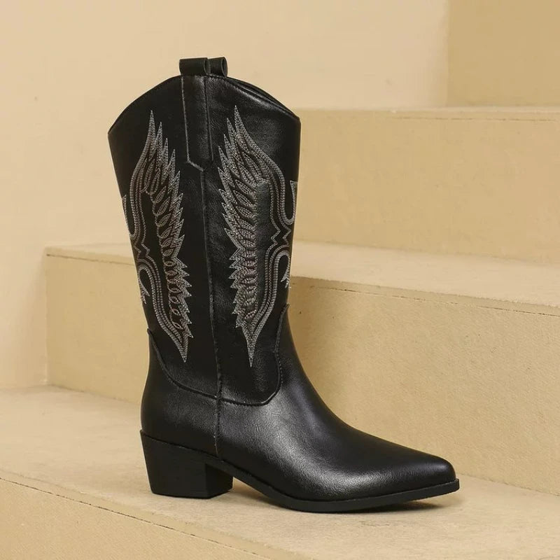 Women's Boots Embroidered Western Cowboy Boots 2025 New Pointed Women Mid-calf Boots Chunky Heel Boot Vintage Slip on Long Boot