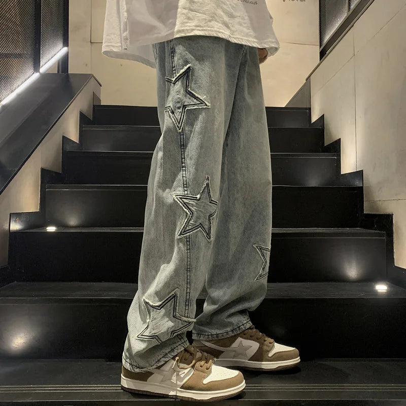 American HIPHOP Star Jeans Men's High Street Trendy Brand Loose Straight Leg Wide Leg Pants Street Trend Versatile Pants