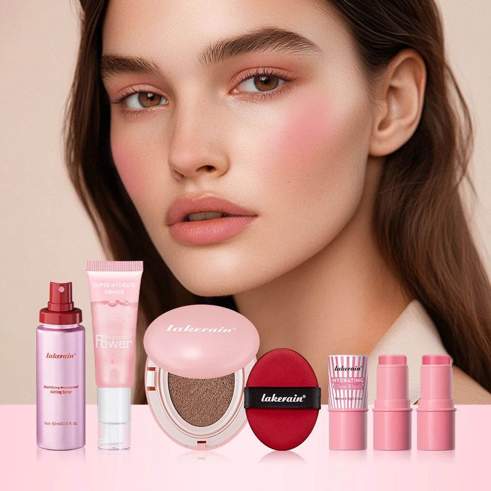 Pink Makeup Set Primer Setting Spray Include Air Cushion Foundation Base MakeupLipstick 5pcs/set Blush Hold Cosmetics Kit