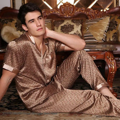 New Male Pajamas Set Homewear Print Short Sleeve Trouser Suits Pijamas Silky Satin Men Sleepwear Lounge Wear Loose Pyjama