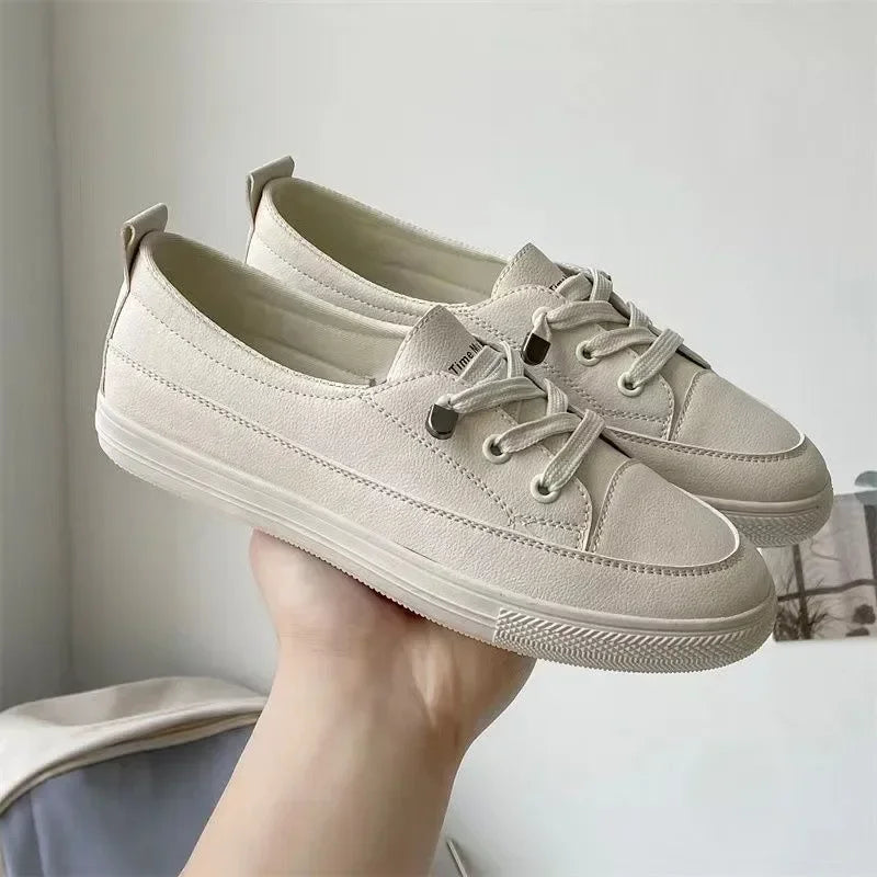 Women Sneakers Vulcanize Shoes Spring Breathable Flats Solid Color Leather Pu Flat Shoes Young Woman Casual White Nurse Shoes