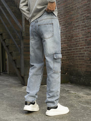 Men's Jeans Retro Blue Cargo Pants Multi-Pocket Work Wear Denim Trousers Casual Regular-Fit Trendy Men Clothes Free Shipping