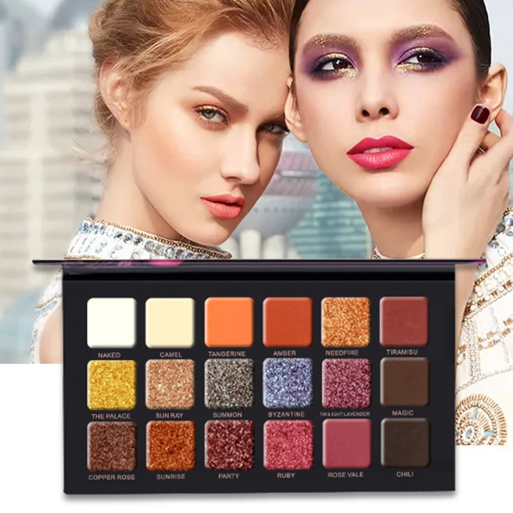 18-Color Eyeshadow Palette – Pearlescent, Matte, Fine Shimmer, Glitter, Earth Tones, Long-Lasting, High-Performance