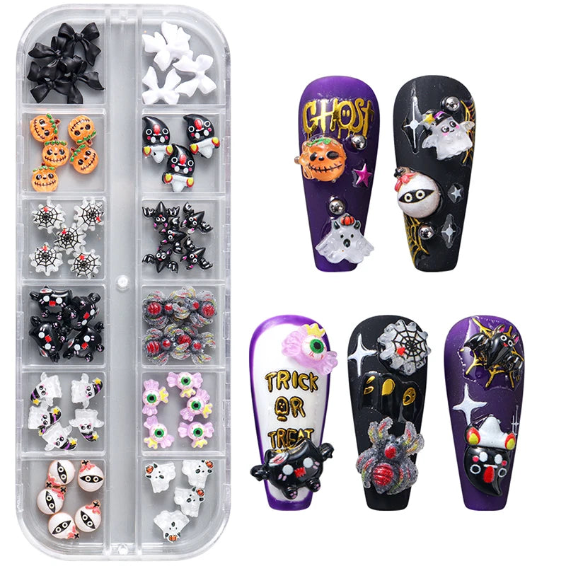 Set of 12 Halloween-Inspired Nail Art Decorations with Charming Bat, Spider and Pumpkin Artwork