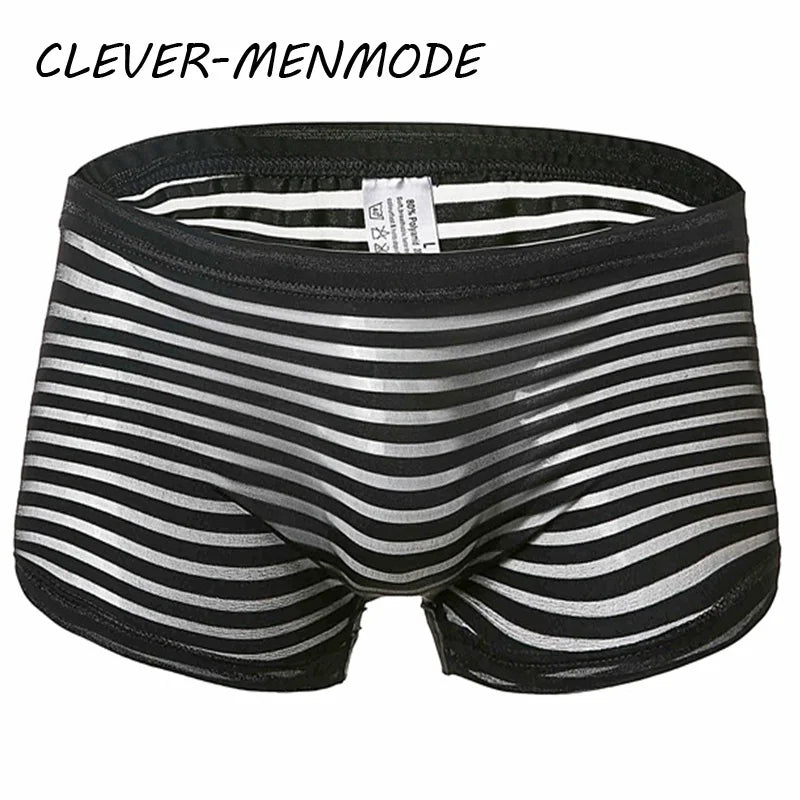 Men's Sexy Underwear See Through Breathable Mesh Boxer Shorts Transparent Striped Underpants Comfortable Male Hombre Thin Soft