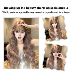 Synthetic Hair Wig Cameo Brown Color Wavy Style With Bangs Wig For Women Asian Ladies Daily Use Cosplay Natural And Realistic