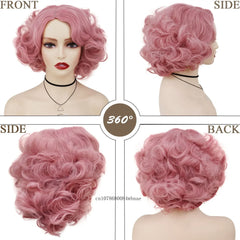 Synthetic Hair Pink Short Curly Wig for Women Big Wavy 80s Cosplay Wigs Halloween Costume Harajuku Anime Wig Natural Looking