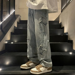 American HIPHOP Star Jeans Men's High Street Trendy Brand Loose Straight Leg Wide Leg Pants Street Trend Versatile Pants
