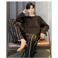 Men‘s Pajama Set Long Sleeve Black Striped Fall and Winter Youth Student Nightwear Loungewear Two Piece Set Sleepwear Homewear