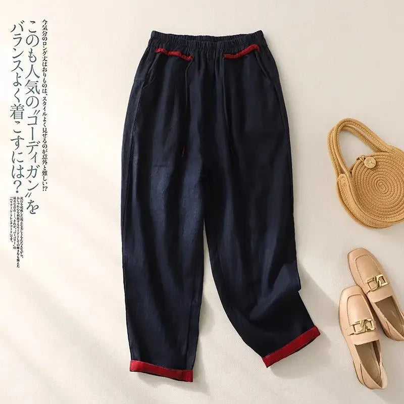 Loose Harem Pants Casual Versatile Fashion Women's Pants Cotton Linen Solid Color Elastic High Waist Pink Pants Summer