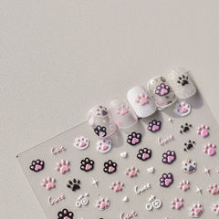 Nail Stickers Cat Cute Jelly Pink Cat Paw Cartoon 5D Embossed Relief Self Adhesive Nail Art Sticker 3D Manicure Decals DIY Parts