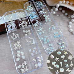 💕12 Grids/Box 3D Starfish And Shell Nail Art Decorations, Aurora Seashell And Palm Tree DIY Nail Rhinestone Accessories