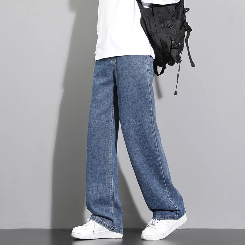 New Korean Men's Casual Long Jeans Classic Man Straight Denim Wide-leg Pants Solid Color Light Blue Grey Black