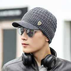 Men's Skullies Beanies with Visor for Warmth Winter Knit Earmuffs Thick Wool Lined Skull Ski Baseball Cap Winter Outdoor Riding