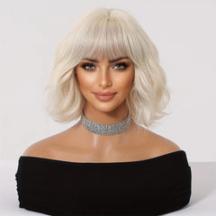 Synthetic Wig for Women, Short Machine-Made Curly Hair, Off-White, Enhances Complexion and Elegance, European and American Style Synthetic Wig