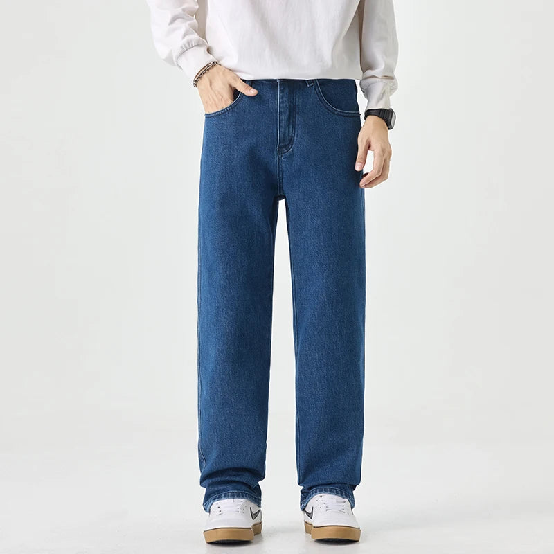 Fashion Men's American Nostalgic Retro Washed Straight Jeans Autumn Slightly Elastic Drape Original Color Casual Denim Pant