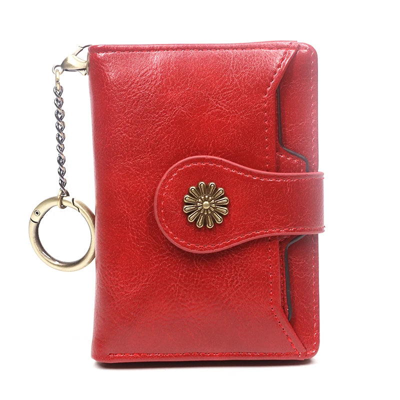 Fashion Leather Wallet For Women Retro Short Bifold Female Purse With Detachable Credit Card Holder Key Chain Zipper Coin Pocket