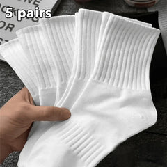 5 Pairs of Autumn and Winter Man Mid Length Socks, White Anti Odor, Sweat Absorbing, Breathable Sports Sock