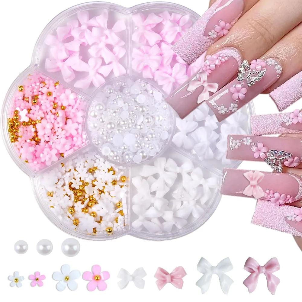 1Box 3D Bowknot Flower Nail Art Decorations with Steel Beads& Imitation Pearls Ribbon Nail Charms Y2K Bow Manicure Accessories *