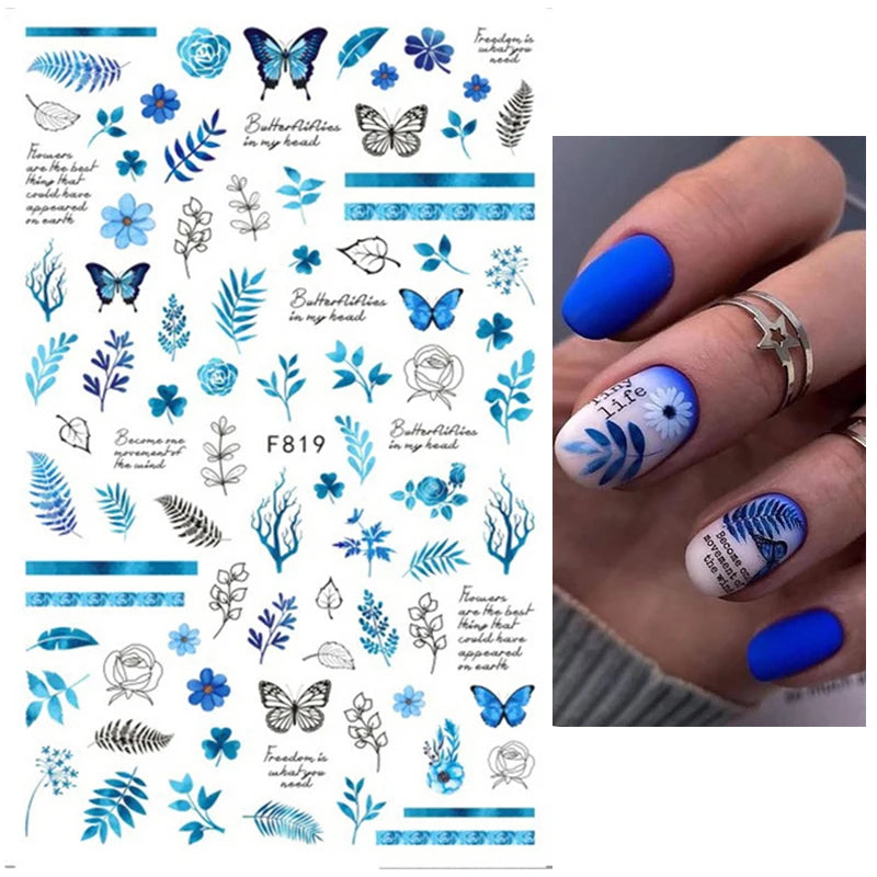 Nail Art 3d Decals Retro Watercolor Grey Flowers Leafs Letters Message Adhesive Sliders Nail Stickers For Manicure