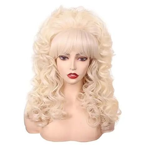 80s Long Curly Vintage Cosplay Wig with Bang for Women 60 70s Queen Synthetic Hair Wigs for Halloween Party