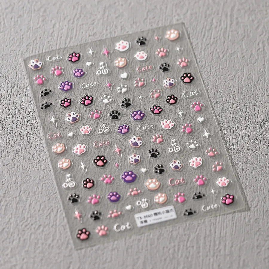 Nail Stickers Cat Cute Jelly Pink Cat Paw Cartoon 5D Embossed Relief Self Adhesive Nail Art Sticker 3D Manicure Decals DIY Parts