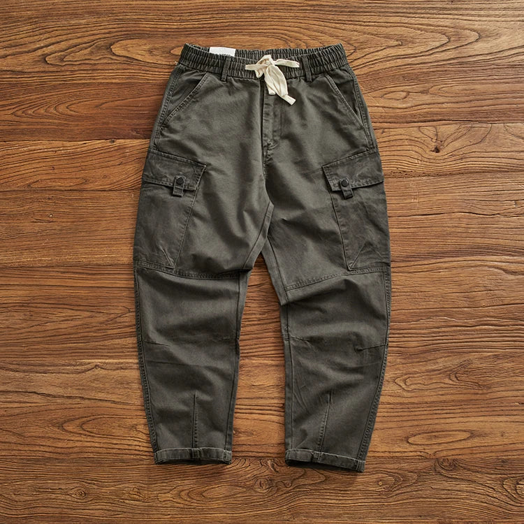 Cargo pants men's new fashion functional pocket pure cotton wash trend pants loose small straight cone cone pants men