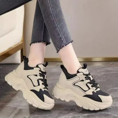 Women's Spring Sneakers with Thick Bottom and Leather Face High Inner Heel Shoes Comfortable for Sports and Casual Wear