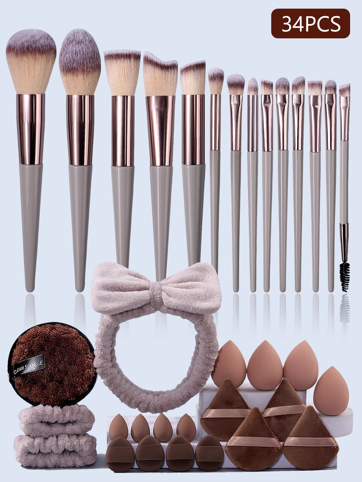 34PCS makeup tools, including a makeup brush set, a beauty egg,a powder puff set,a hair tie and wrist strap,and a cleansing puff