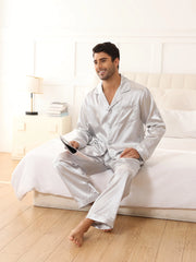 Men's Pajama Set Spring/Summer New Satin Solid Color Casual Button Down Shirt & Elastic Waistband Long Pants Pajamas for Home