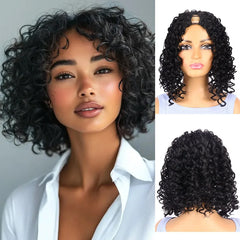 Wig, Lady V-shaped Hollow Black Short Curly Hair Hand-twisted Small Curls Synthetic Fiber Hair Cap