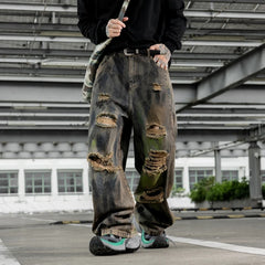 Jeans For Man Y2k Denim Pants New Trend Heavy Craft Washed Graffiti Curved Blade Design Baggy Jeans  Fashion Casual