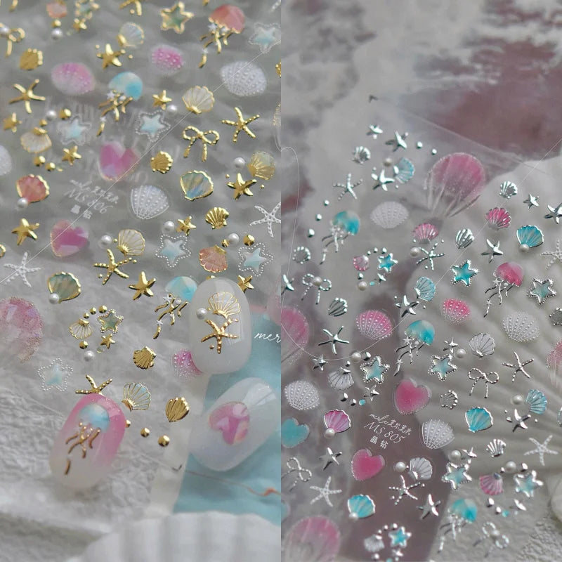 Shell Light Starfish Shell Nail Stickers Cute Starfish Decorative Stickers For Nails DIY 3D Self Adhesive Summer Manicure Decals