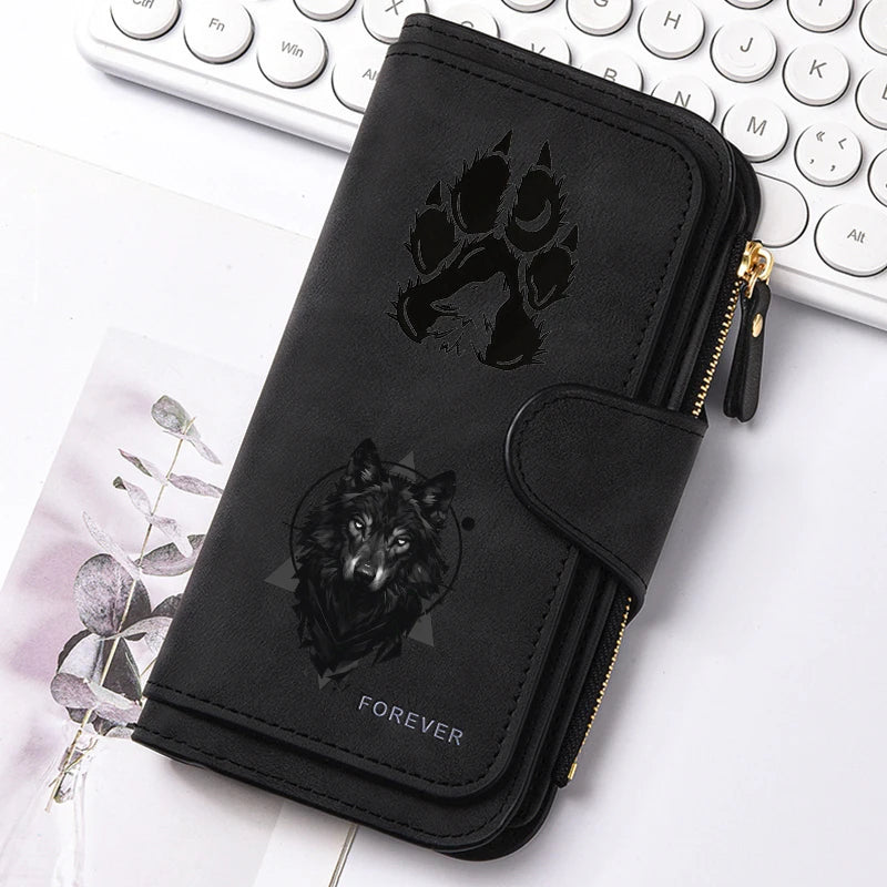 Wolf's Head Men Women Wallets Long PU Leather Top 15 Card Holder Female Purse Zipper Wallet For Girls Money Clip