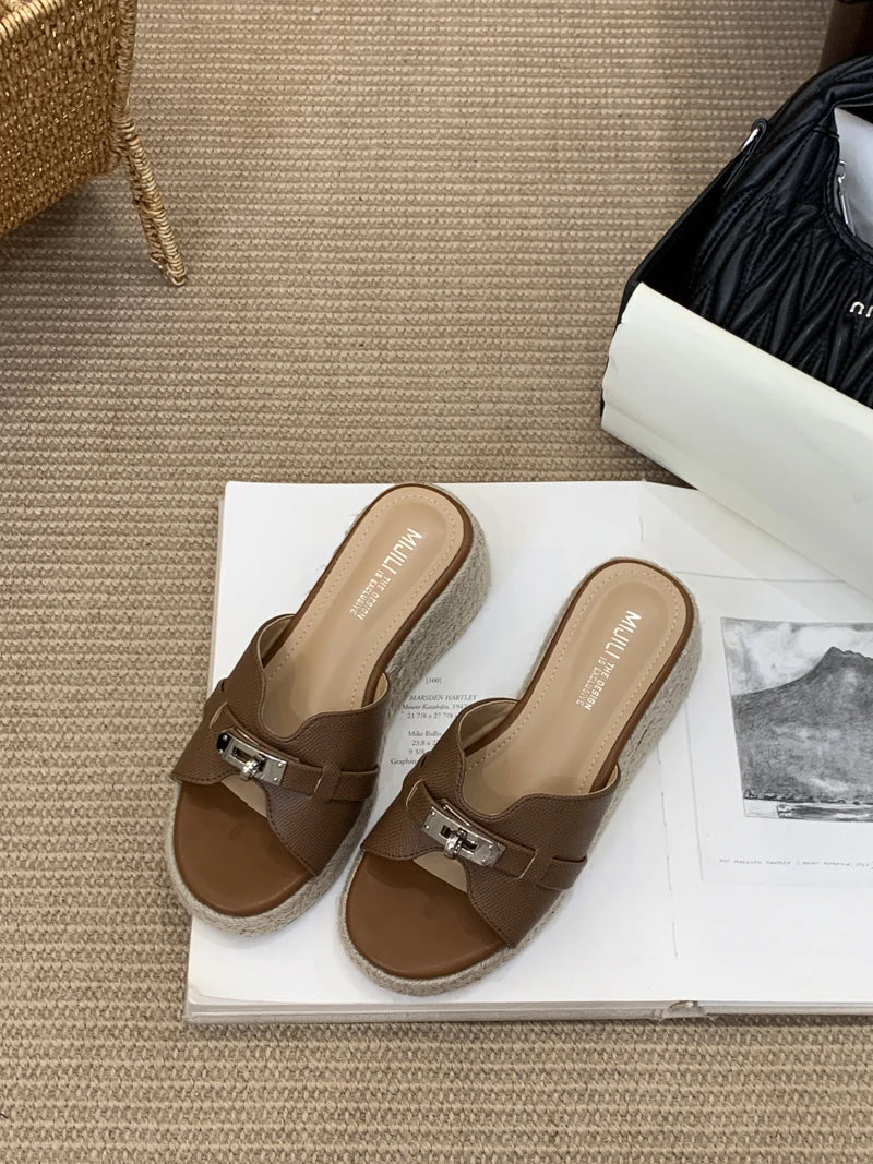Brown Heeled Sandals Woman Wedge Platform Slippers Summer Straw Fabric Beach Shoes Metal Black High Heels Sandals For Ladies
