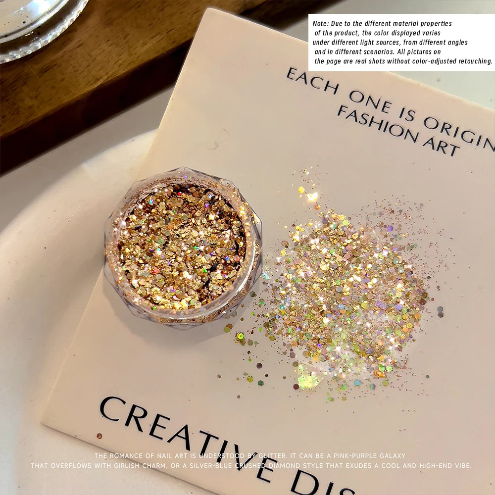 1 Box Iridescent Galaxy Silver Nail Glitter with Irregular Round Sequin & Shell-shaped Ultra-Thin Flakes Flash Nail Art Supplies