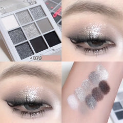 9 Colors Eyeshadow Palette, Dark Black Grey Silvery Color Shimmer Matte Glitter Finish Smokey Style