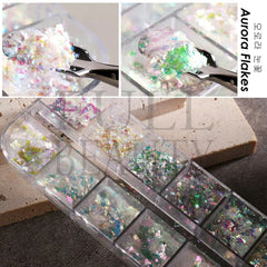 12 Grids Iridescent Nail Aurora Glitter Crystal Fire Flakes Holographic Sparkle Sequins Charms Gel Polish Manicure Flash