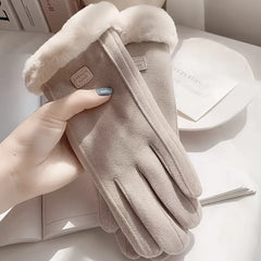 Comfortable beige touchscreen gloves with plush lining - providing thick and warm winter protection for outdoor leisure