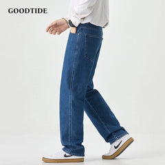 Fashion Men's American Nostalgic Retro Washed Straight Jeans Autumn Slightly Elastic Drape Original Color Casual Denim Pant