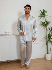 Men's Pajama Set Spring/Summer New Satin Solid Color Casual Button Down Shirt & Elastic Waistband Long Pants Pajamas for Home