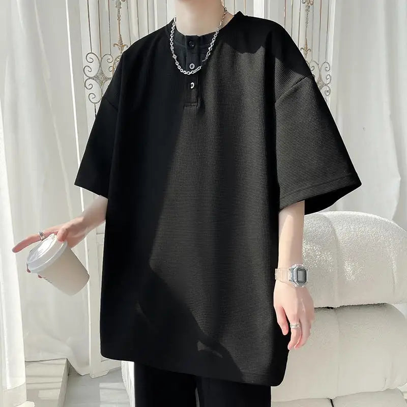 Men's V-Neck Waffle Texture Loose-Fit Short Sleeve T-Shirt - Breathable Casual Top, Soft Comfortable Fabric, Relaxed Fit Summer