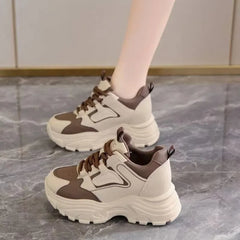 Women's Spring Sneakers with Thick Bottom and Leather Face High Inner Heel Shoes Comfortable for Sports and Casual Wear