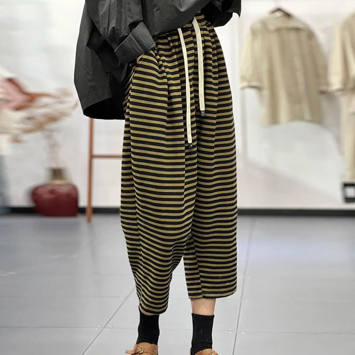 Harem Pants' New  Women's Spring Autumn Literature Korean Edition Striped Personality Elasticated Waist Pants Loose