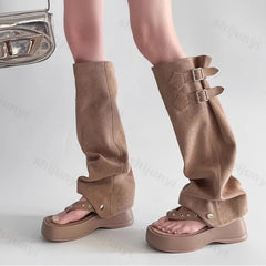 Women's Boots 2025 Summer New Open Toe Fashion Outdoor Creative Women Boots Korean Design Retro Women Sandals Knee-High Boots