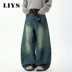 Men's Wear Blue Wide-Leg Denim Pants Baggy Jeans Vintage Three-Dimensional Cut Curved Knife Jeans Loose Fit Summer New Trend