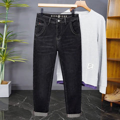 Spring Fashion Elastic Waist Vintage Pant Male Denim Straight High Street Trousers Ripped Soft Stretch Slim Fit Jeans Casual Men