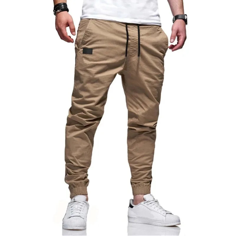 Men Cargo Pant Long Pants Solid Straight Trousers Lace Up Elastic Waist Slim Fit Pocket Splice Casual Drawstring Autumn
